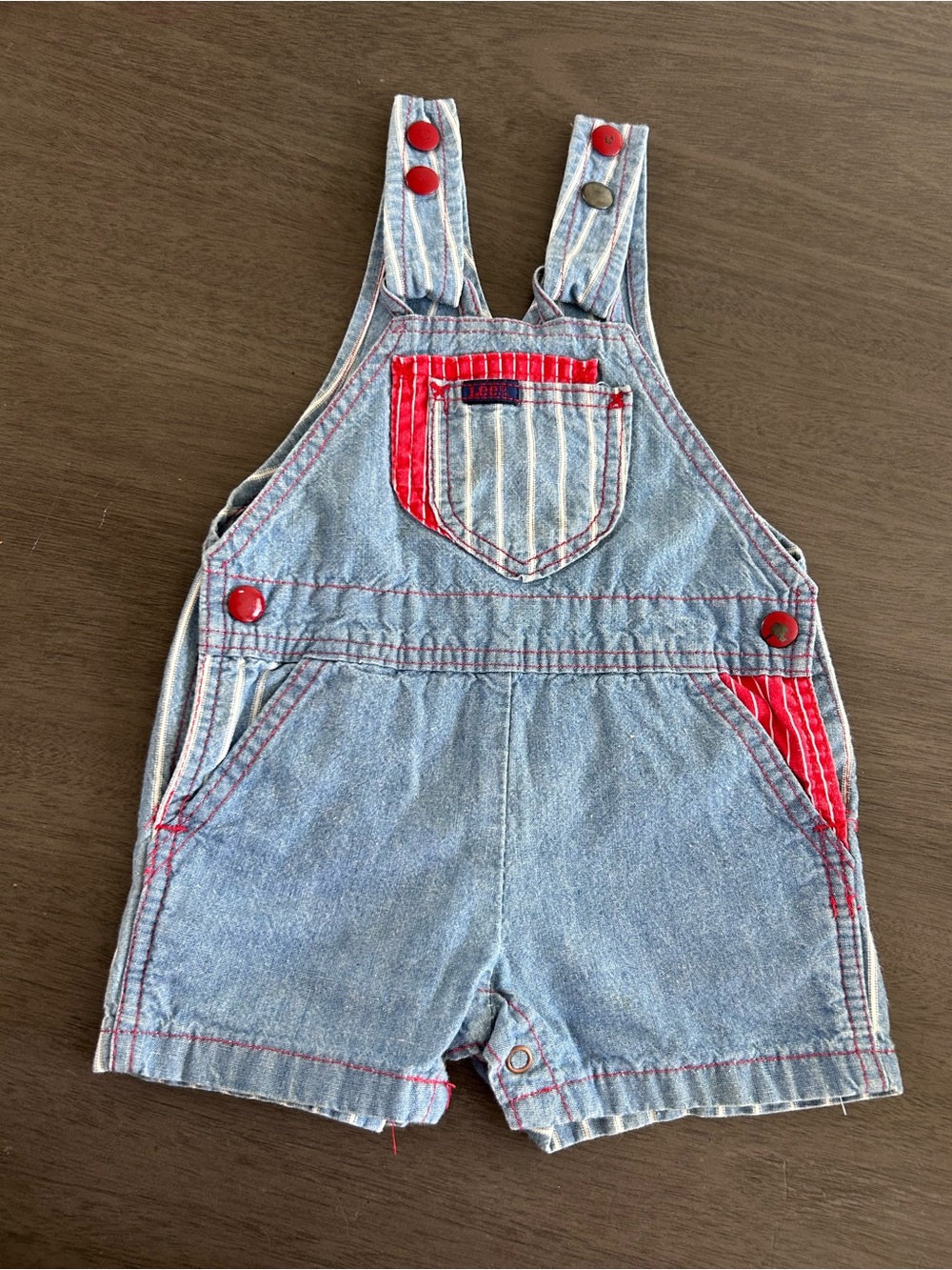 Vintage 90s Lee Baby Stripe Denim Short Overalls Red Stitching Americana